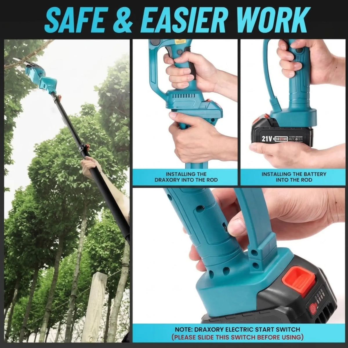 DRAXORY 2-in-1 Mini Chainsaw Cordless 6 Inch with Extension Pole for Tree Limb Branch Cutter
