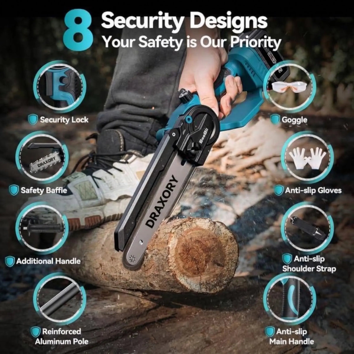 DRAXORY 2-in-1 Mini Chainsaw Cordless 6 Inch with Extension Pole for Tree Limb Branch Cutter
