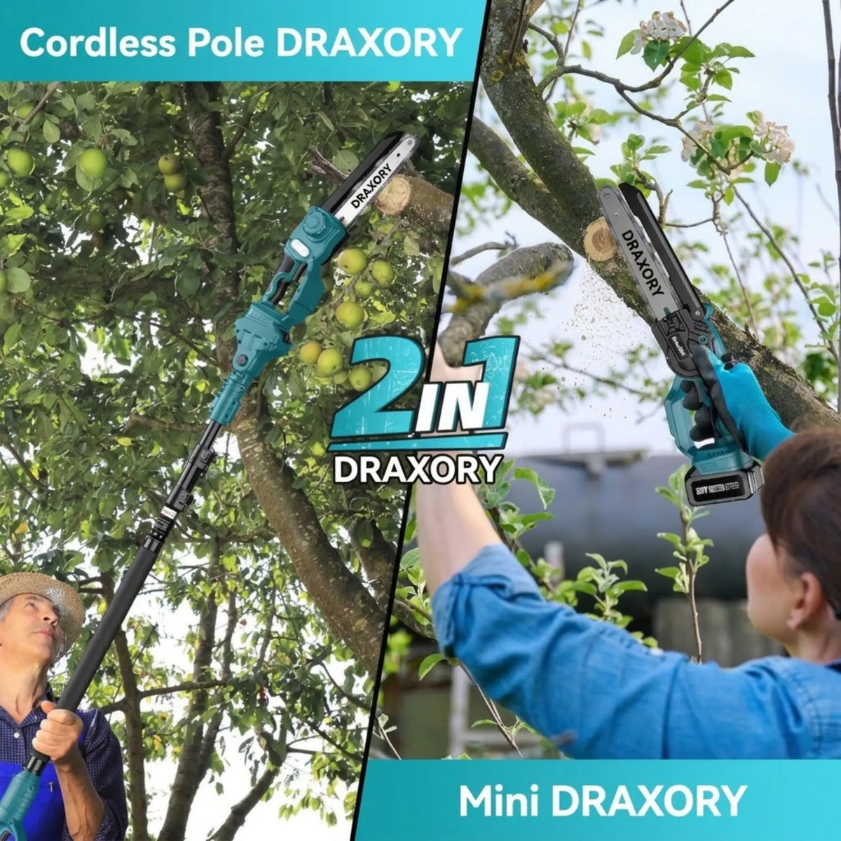 DRAXORY 2-in-1 Mini Chainsaw Cordless 6 Inch with Extension Pole for Tree Limb Branch Cutter