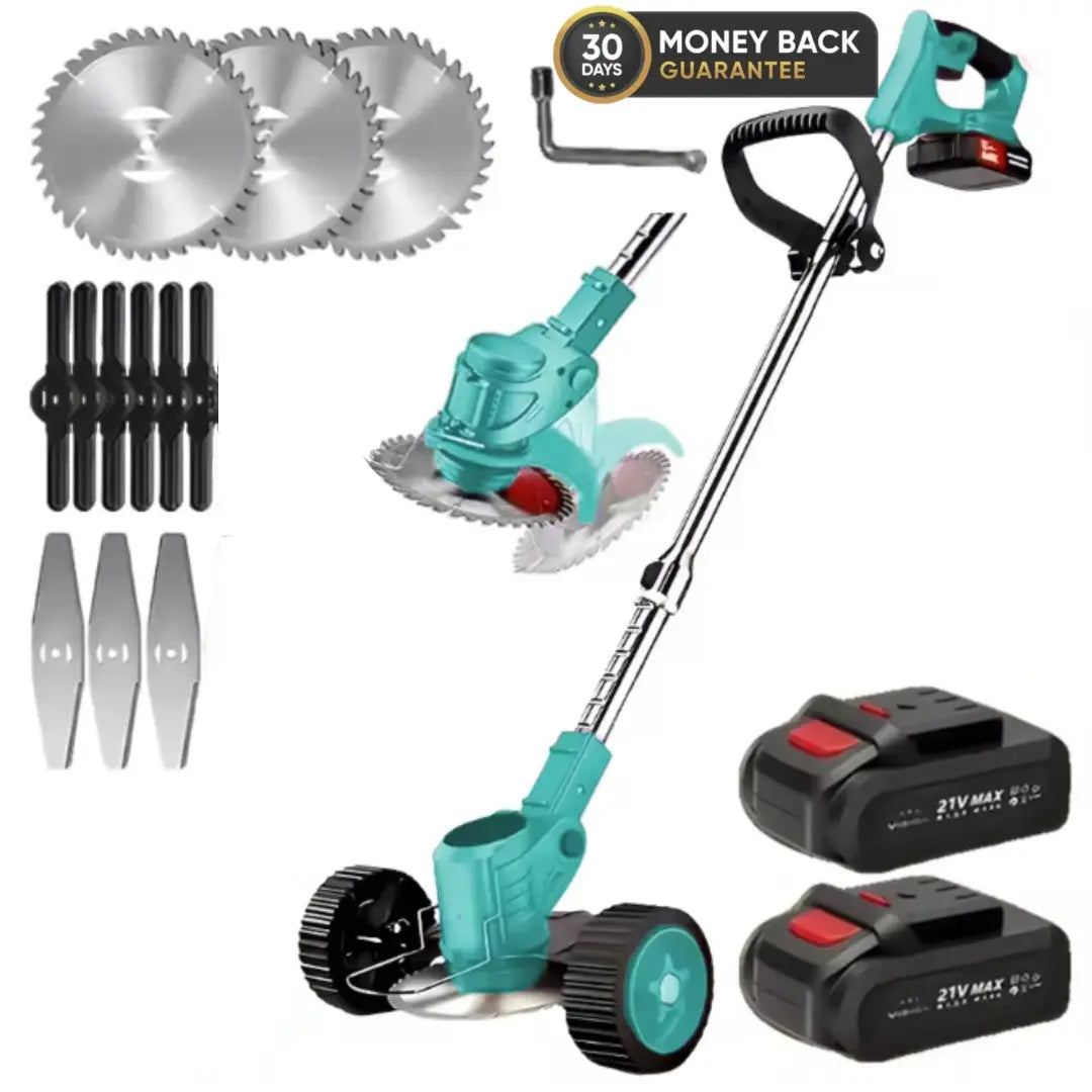 DRAXORY Electric S4 Grass Trimmer 21V with Battery and 3 Blade Types – Powerful Cordless Lawn Mower for Garden and Lawn