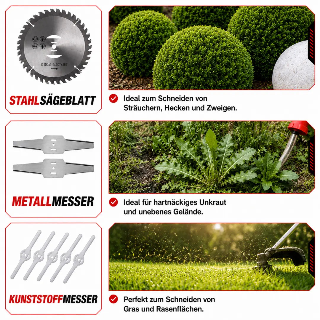 DRAXORY Electric S4 Grass Trimmer 21V with Battery and 3 Blade Types – Powerful Cordless Lawn Mower for Garden and Lawn
