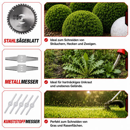 DRAXORY Electric S4 Grass Trimmer 21V with Battery and 3 Blade Types – Powerful Cordless Lawn Mower for Garden and Lawn