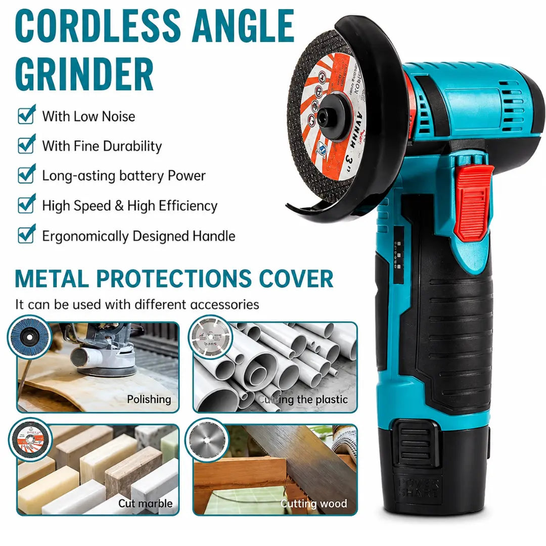 DRAXORY 12V Cordless Angle Grinder Kit – Cutting, Grinding & Polishing Tool with Battery & Discs