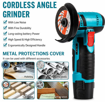 DRAXORY 12V Cordless Angle Grinder Kit – Cutting, Grinding & Polishing Tool with Battery & Discs