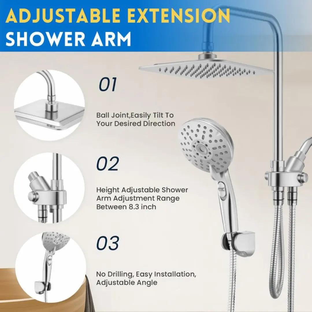 DRAXORY Dual Shower Head | 8" Rainfall + Handheld | Adjustable Height | High Pressure | Luxury Standing Shower