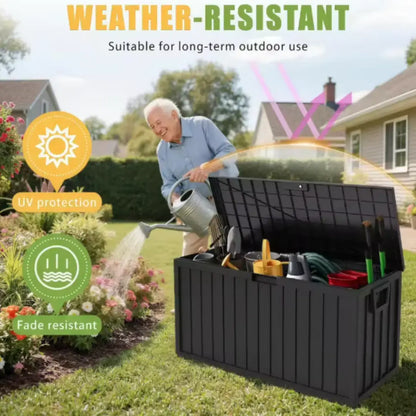 Arcón de almacenamiento para exteriores de 75 galones, material de resina, resistente al agua y a los rayos UV, organizador para garaje, almacén y patio