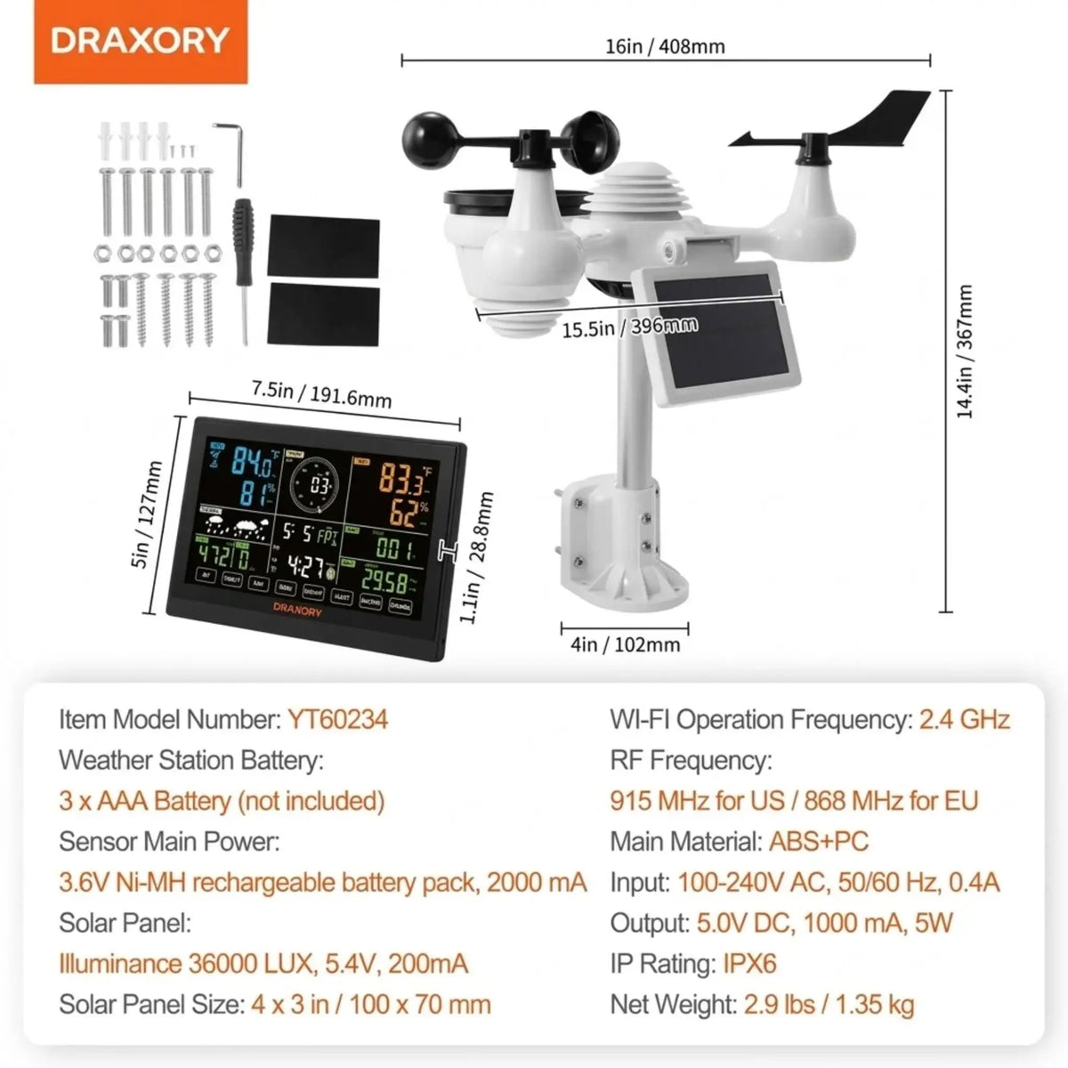 DRAXORY T60184 WiFi Weather Station 7-in-1 Weather Stations Indoor Outdoor