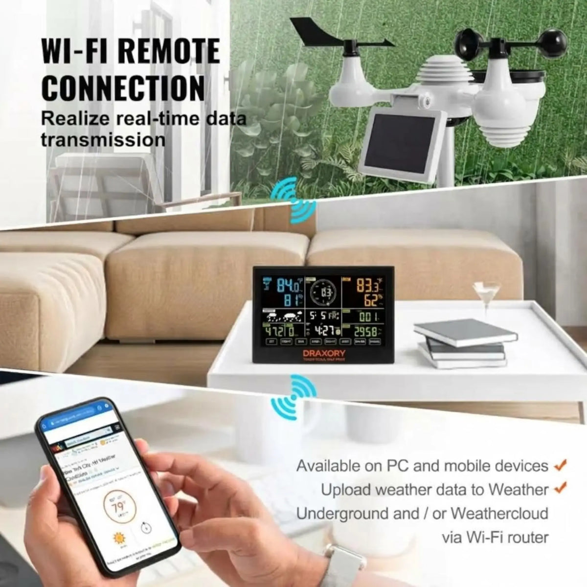 DRAXORY T60184 WiFi Weather Station 7-in-1 Weather Stations Indoor Outdoor
