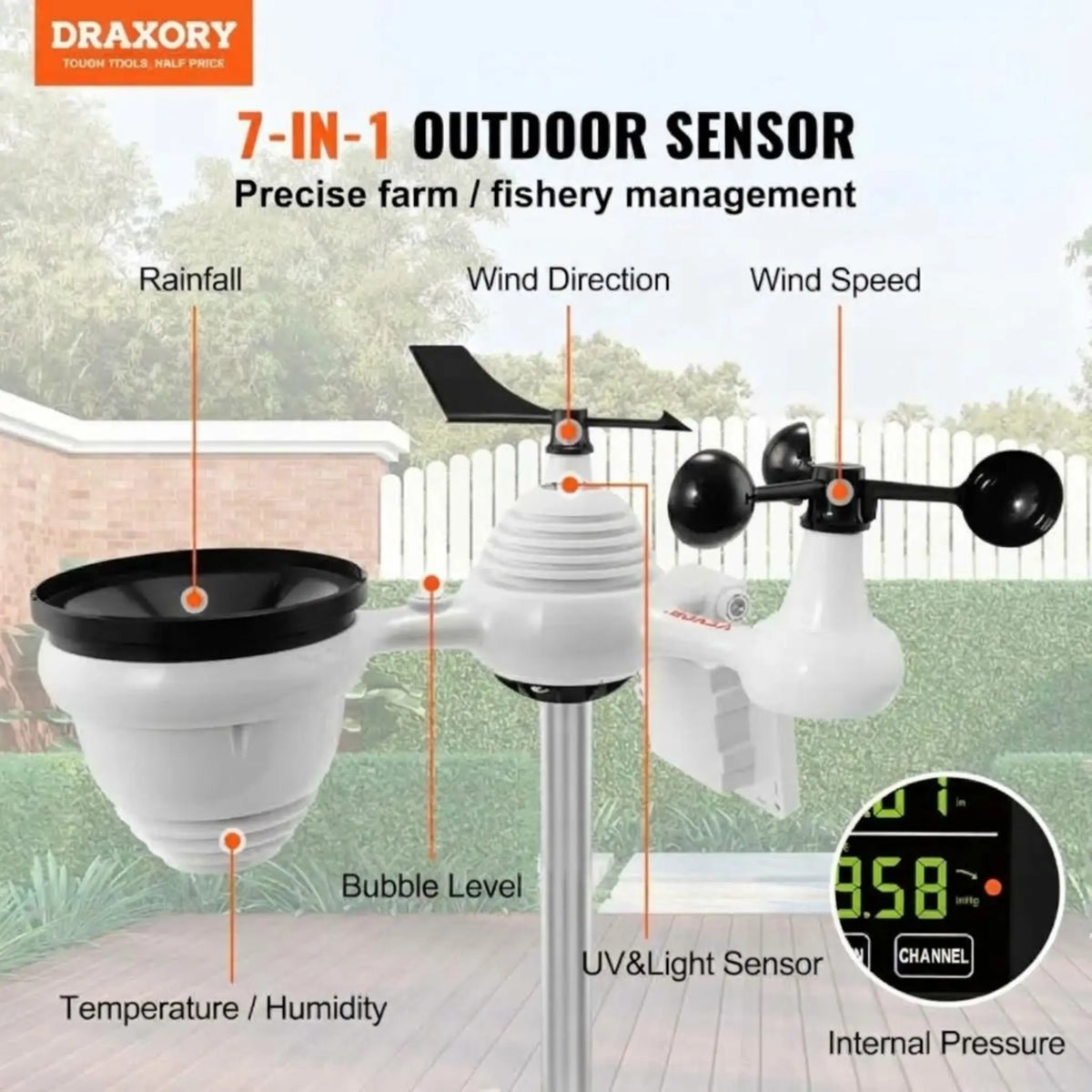 DRAXORY T60184 WiFi Weather Station 7-in-1 Weather Stations Indoor Outdoor