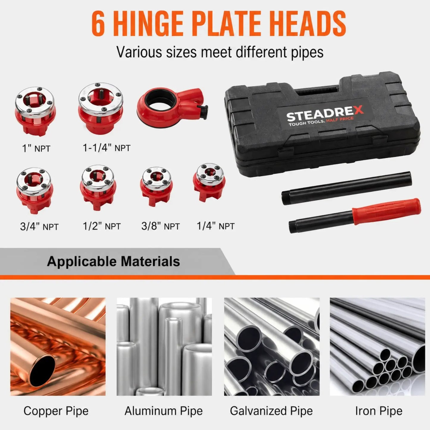 Draxory Plumber's Pipe Tapping Kit Manual Plumbing Steel Threader Set with 6 Dies  for Water and Gas Pipe Fitting KATSU 318504