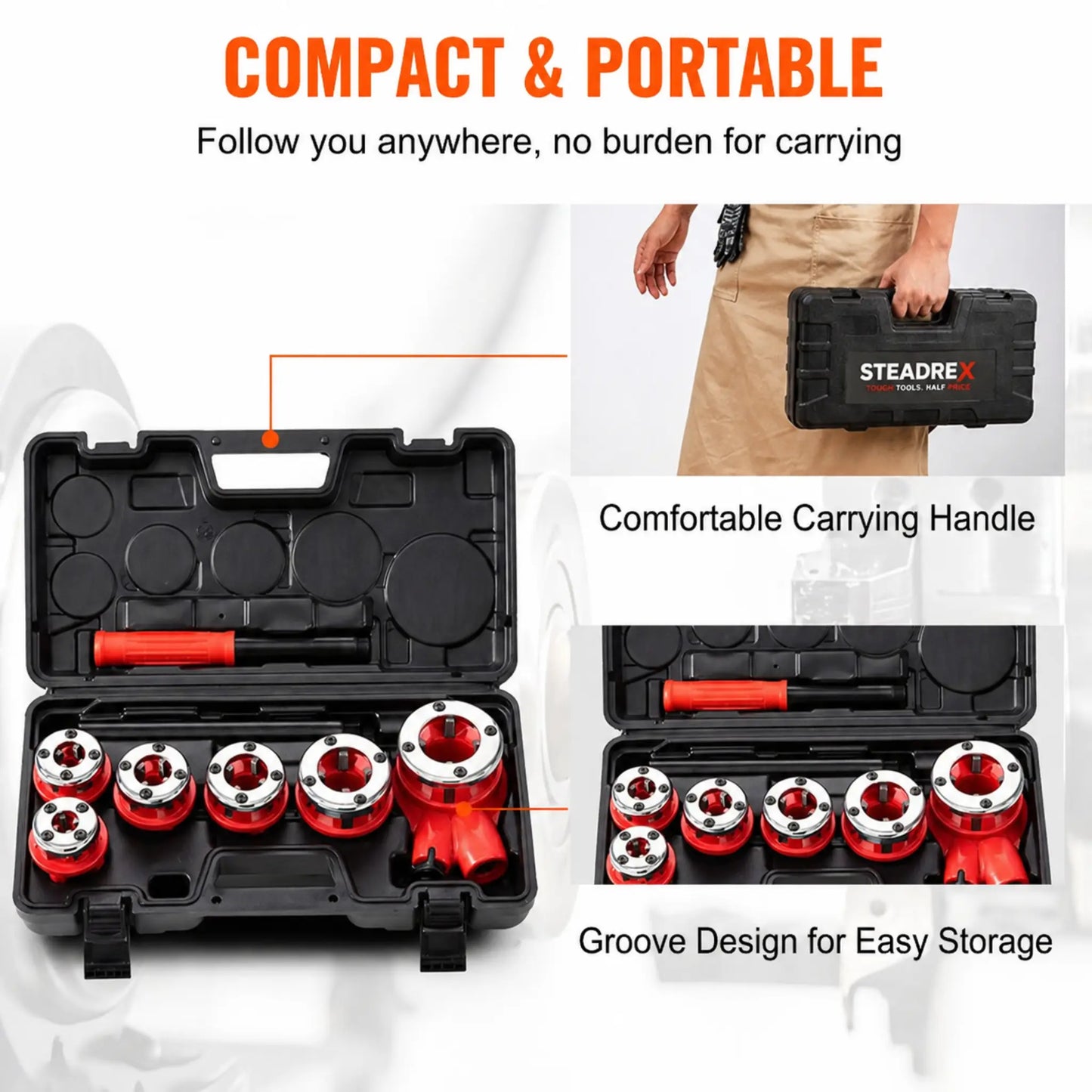 Draxory Plumber's Pipe Tapping Kit Manual Plumbing Steel Threader Set with 6 Dies  for Water and Gas Pipe Fitting KATSU 318504