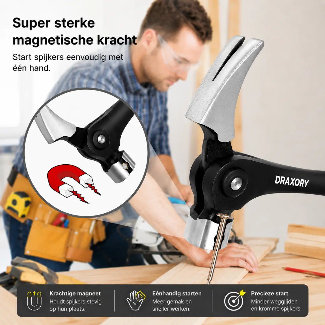 Draxory MagStrike – Eenhandige Magnetische Spijkerstarter Klauwhamer