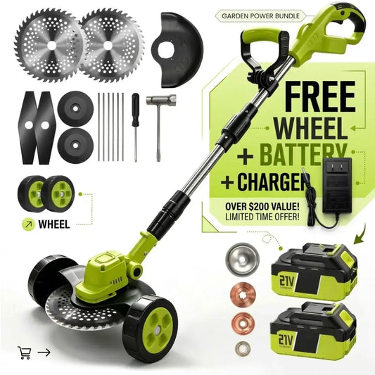 Draxory 3-in-1 Cordless Grass Trimmer & Edger Lightweight Lawn Mower  + FREE BATTERY + CHARGER + WHEEL Included