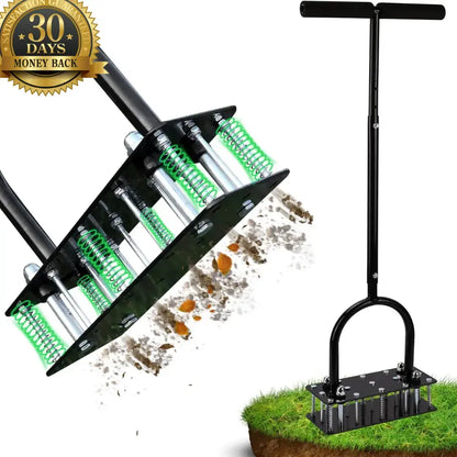 Draxory SoilRevive™ Pro Aerator with Automatic Dirt & Debris Cleaning Design, Heavy-Duty Manual Lawn Aerator with 15 Iron Spikes, Adjustable Height for Effortless Grass Care