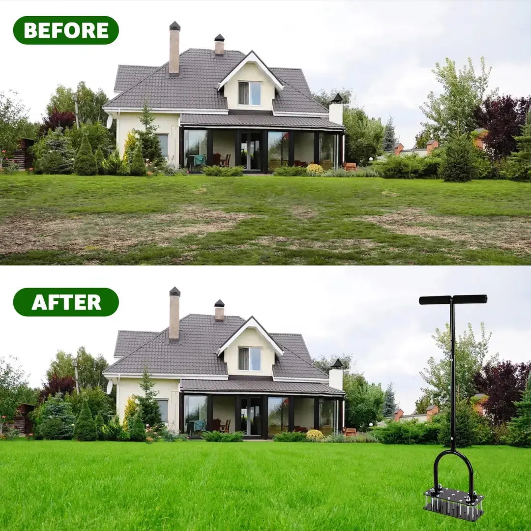 Draxory SoilRevive™ Pro Aerator with Automatic Dirt & Debris Cleaning Design, Heavy-Duty Manual Lawn Aerator with 15 Iron Spikes, Adjustable Height for Effortless Grass Care