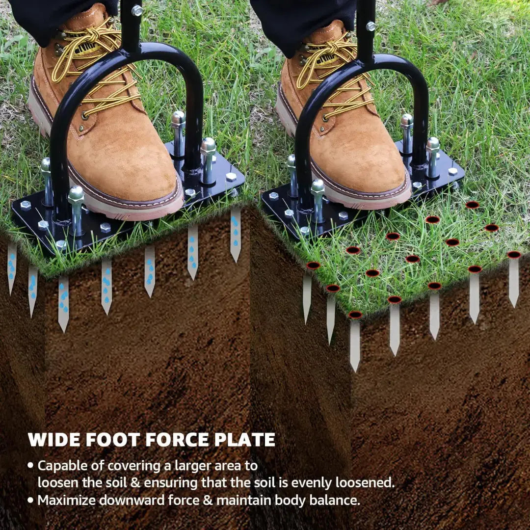 Draxory SoilRevive™ Pro Aerator with Automatic Dirt & Debris Cleaning Design, Heavy-Duty Manual Lawn Aerator with 15 Iron Spikes, Adjustable Height for Effortless Grass Care