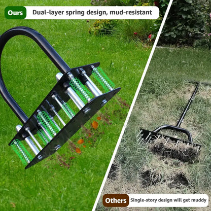 Draxory SoilRevive™ Pro Aerator with Automatic Dirt & Debris Cleaning Design, Heavy-Duty Manual Lawn Aerator with 15 Iron Spikes, Adjustable Height for Effortless Grass Care
