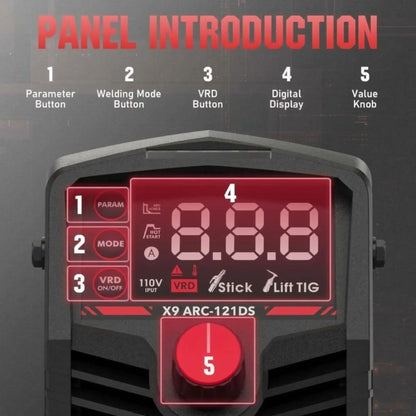 Soldadora por arco mini DRAXORY X9 ARC-121DS-PRO de 125 amperios y 110 V, máquina de soldar MMA con inversor IGBT de CC con arranque en caliente, fuerza de arco y antiadherencia