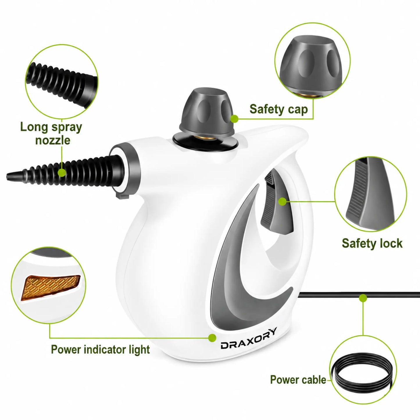 Draxory T29 Handheld Pressurized Steam Cleaner with 12 pcs Accessories, Steamer for Cleaning, Steam Cleaner for Home Use, Steamer for Cleaning Car, Furniture, Floor, Upholstery, Grout and Tile, Deep Gray