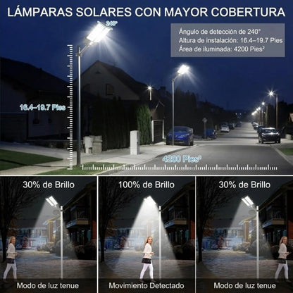 Lámpara Solar LED de Exterior 450,000 Lúmenes – Luminaria de Seguridad con Sensor de Movimiento (3 Modos) y Control Remoto, Impermeable IP65 para Patio, Entrada, Garaje y Jardín