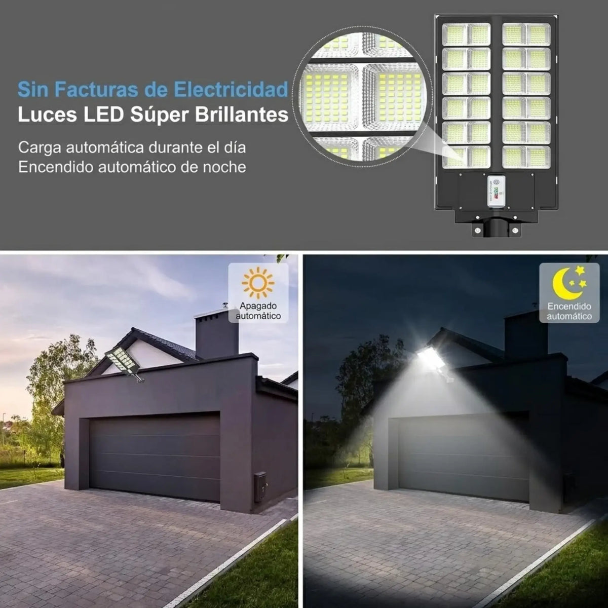 Lámpara Solar LED de Exterior 450,000 Lúmenes – Luminaria de Seguridad con Sensor de Movimiento (3 Modos) y Control Remoto, Impermeable IP65 para Patio, Entrada, Garaje y Jardín