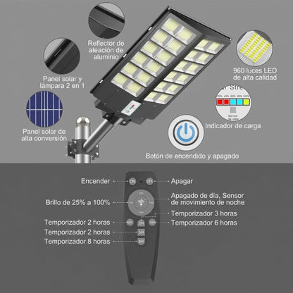 Lámpara Solar LED de Exterior 450,000 Lúmenes – Luminaria de Seguridad con Sensor de Movimiento (3 Modos) y Control Remoto, Impermeable IP65 para Patio, Entrada, Garaje y Jardín