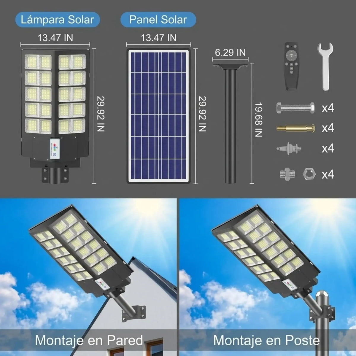 Lámpara Solar LED de Exterior 450,000 Lúmenes – Luminaria de Seguridad con Sensor de Movimiento (3 Modos) y Control Remoto, Impermeable IP65 para Patio, Entrada, Garaje y Jardín