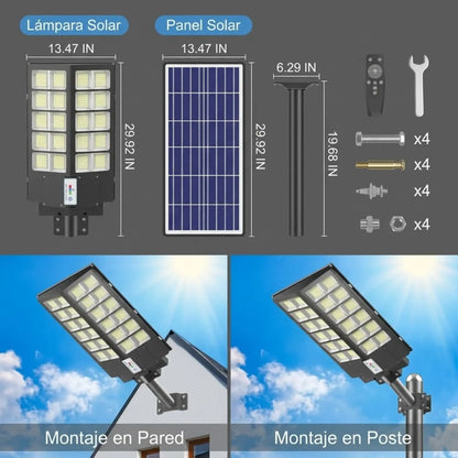 Lámpara Solar LED de Exterior 450,000 Lúmenes – Luminaria de Seguridad con Sensor de Movimiento (3 Modos) y Control Remoto, Impermeable IP65 para Patio, Entrada, Garaje y Jardín