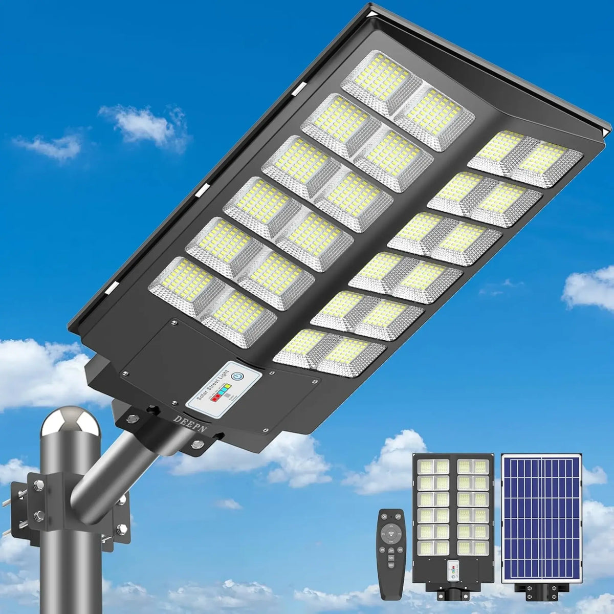 Lámpara Solar LED de Exterior 450,000 Lúmenes – Luminaria de Seguridad con Sensor de Movimiento (3 Modos) y Control Remoto, Impermeable IP65 para Patio, Entrada, Garaje y Jardín