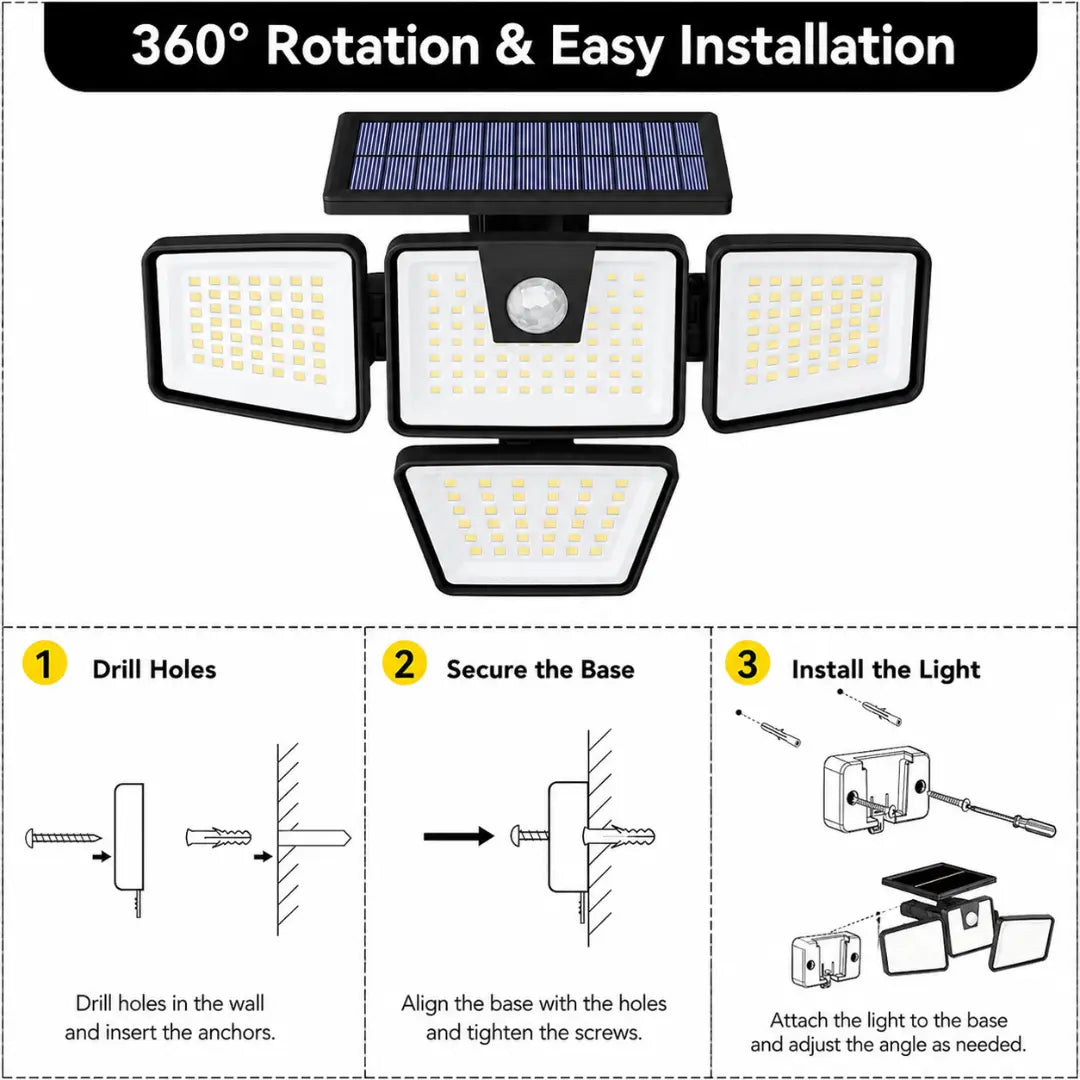 DRAXORY Solar Outdoor Lights 2 Pack, 2500LM Motion Sensor Security Lights, 3-Head Wide Angle, IP65 Waterproof LED Wall Lights for Porch Patio Garage Yard