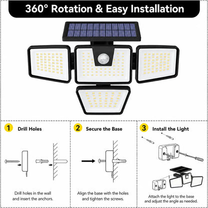 DRAXORY Solar Outdoor Lights 2 Pack, 2500LM Motion Sensor Security Lights, 3-Head Wide Angle, IP65 Waterproof LED Wall Lights for Porch Patio Garage Yard