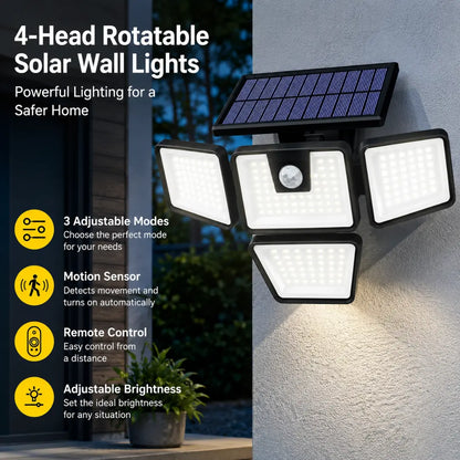 DRAXORY Solar Outdoor Lights 2 Pack, 2500LM Motion Sensor Security Lights, 3-Head Wide Angle, IP65 Waterproof LED Wall Lights for Porch Patio Garage Yard