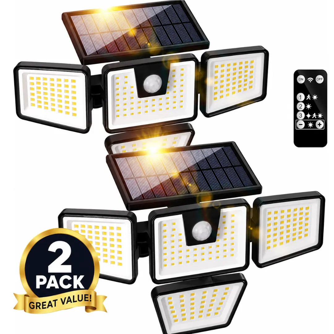 DRAXORY Solar Outdoor Lights 2 Pack, 2500LM Motion Sensor Security Lights, 3-Head Wide Angle, IP65 Waterproof LED Wall Lights for Porch Patio Garage Yard