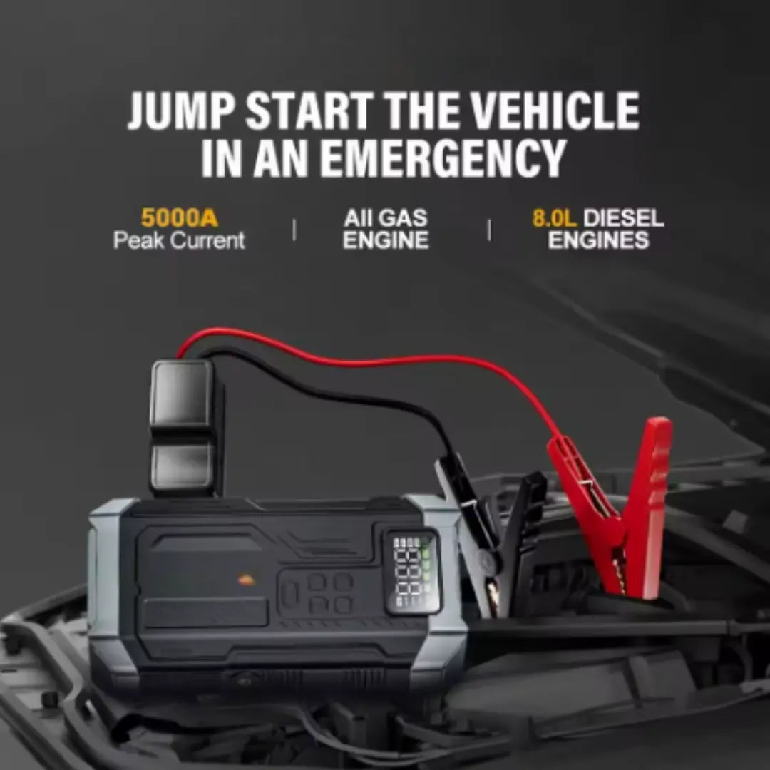 DRAXORY PD-JA3 5000A 4-in-1 Jump Starter, 150 PSI Air Compressor, 12V USB Power Bank with LCD Display, suitable for gasoline engines up to 10.0L and diesel engines up to 8.0L